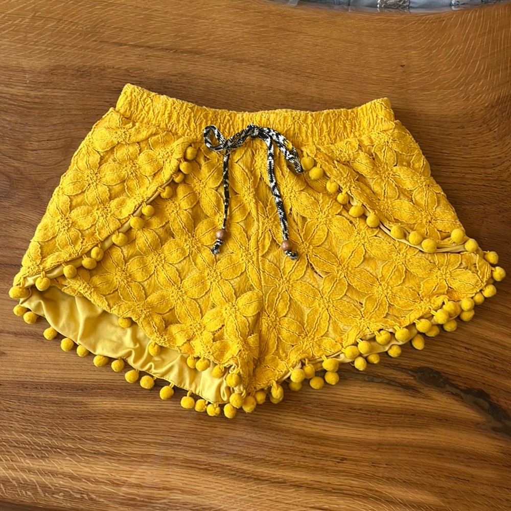 Xhilaration Mustard Floral Lace Shorts with Pom Pom Trim